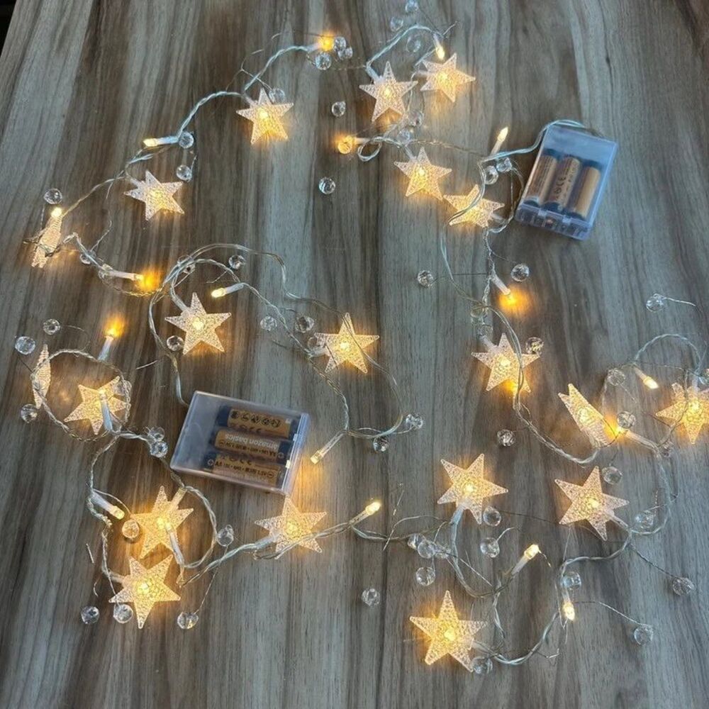Set of 2 Star LED Fairy String Lights holiday Battery Operated 63” crystals